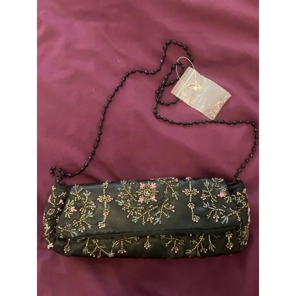 Vintage Y2K Black Beaded Satin Purse SPECIAL EVENT FORMAL PROM